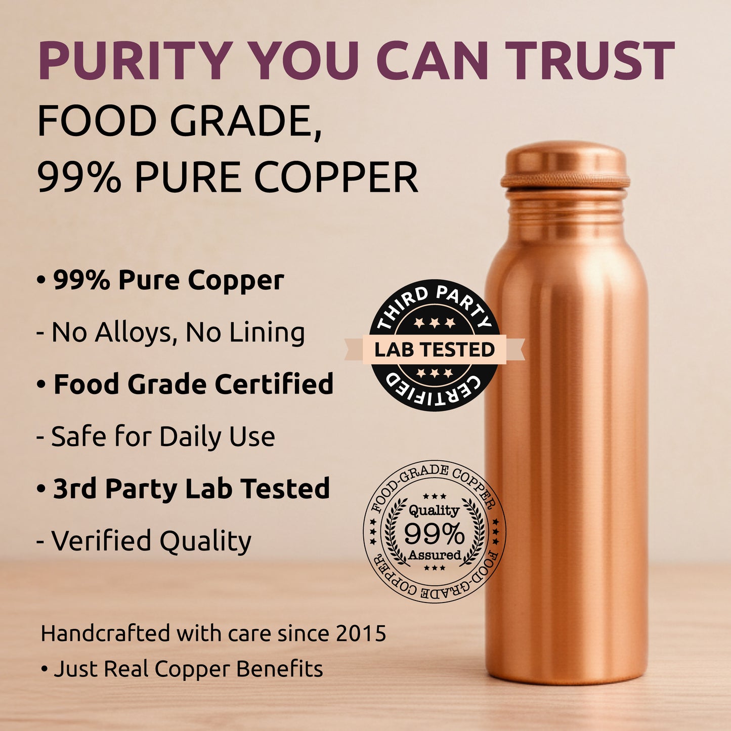 Classic 100% Pure Copper Water Bottle- 34 OZ
