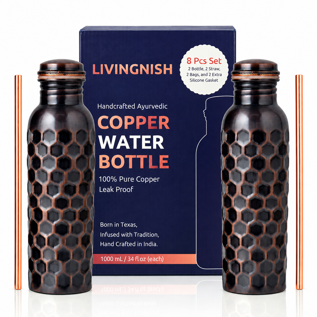 Pure Copper Water Bottle Antique Honeycomb Bundle 8 pcs set