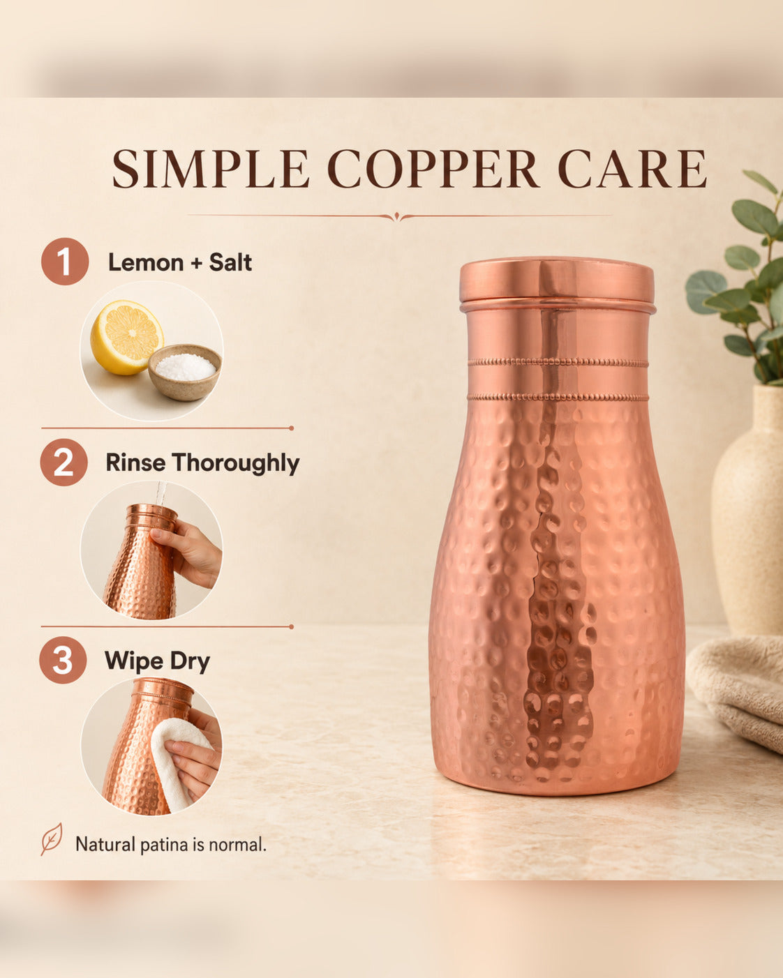 Livingnish Pure Copper Carafe with Convertible Lid Cup – 34 oz / 1000 ml, Handcrafted Hammered Finish