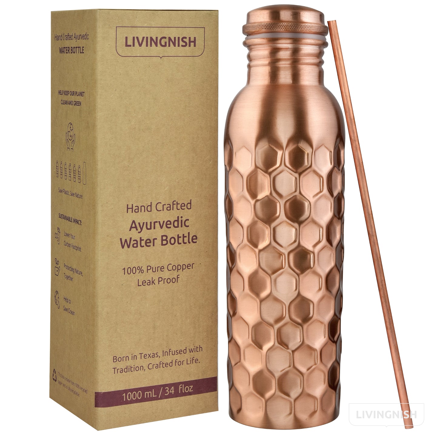 Honeycomb 100% Pure Ayurvedic Copper Water Bottle with Free Straw and Canvas Bag