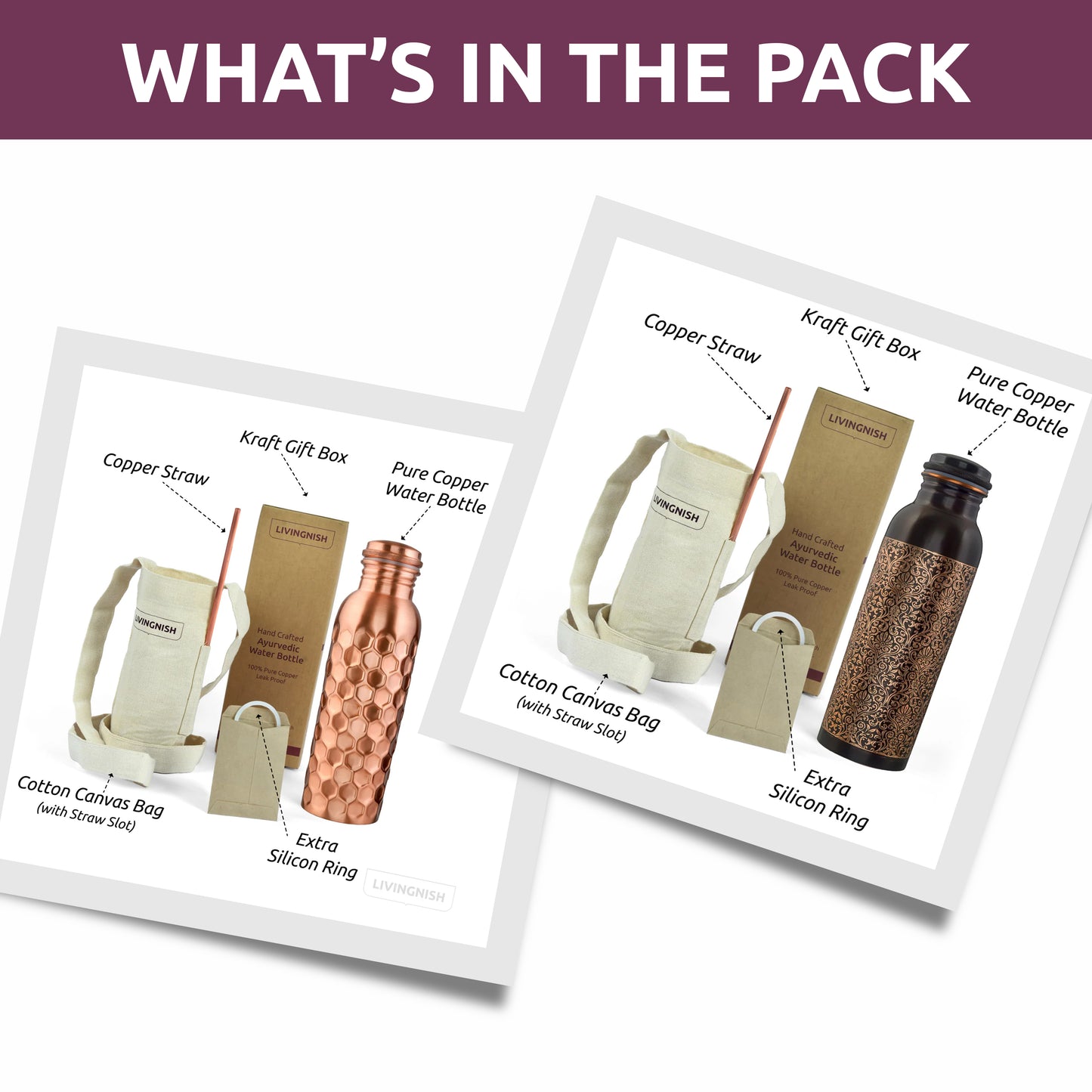 100% Pure Ayurvedic Copper Water Bottle- 8 Pcs Set (2 Bottle, 2 Straw,2 Extra Silicon Ring and 2 Cloth bags) AQHN