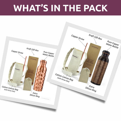 100% Pure Ayurvedic Copper Water Bottle- 8 Pcs Set (2 Bottle, 2 Straw,2 Extra Silicon Ring and 2 Cloth bags) AQHN