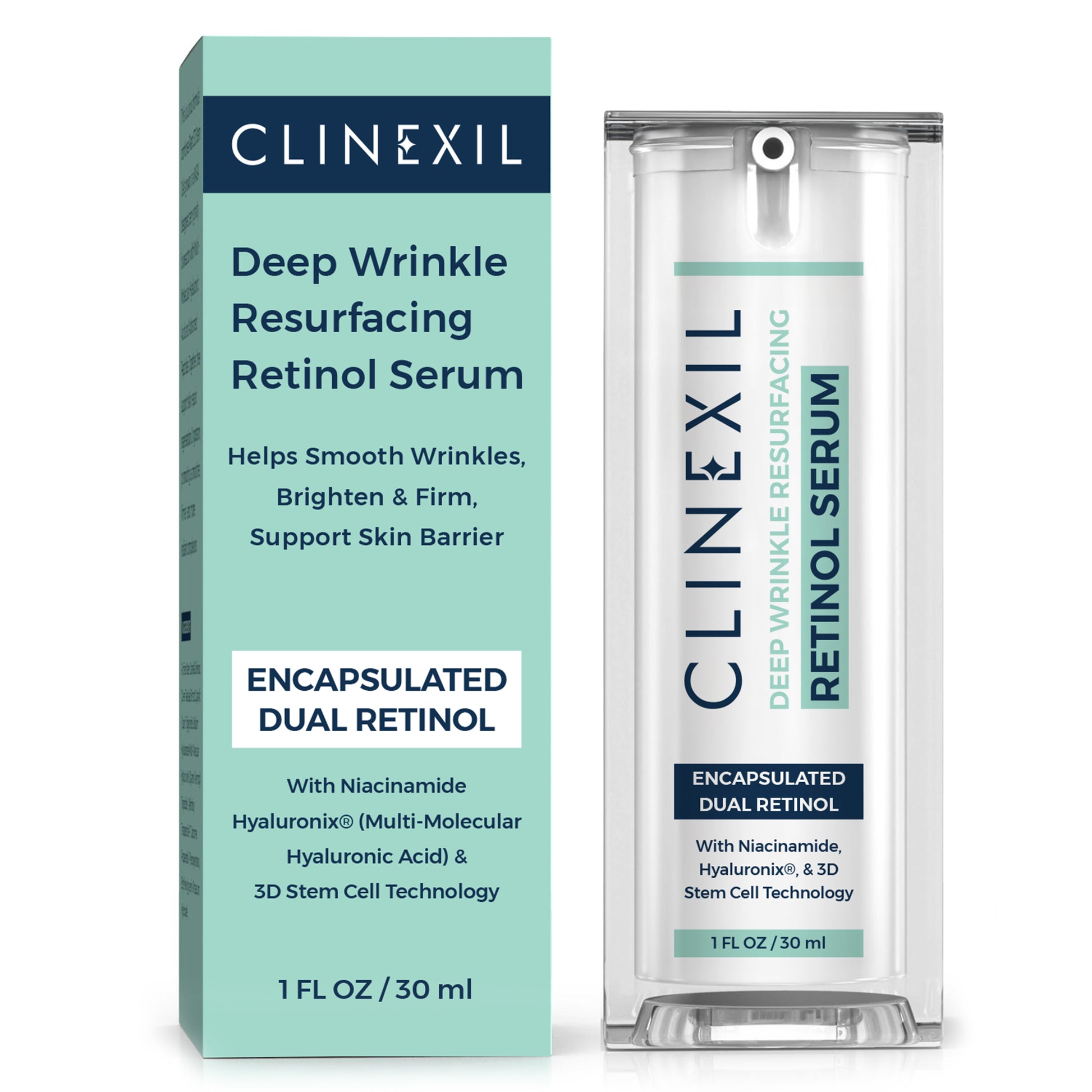 Clinxil Deep Wrinkle Resurfacing Retinol Serum with encapsulated dual retinol, niacinamide, and hyaluronic acid in 1 fl oz bottle and box.