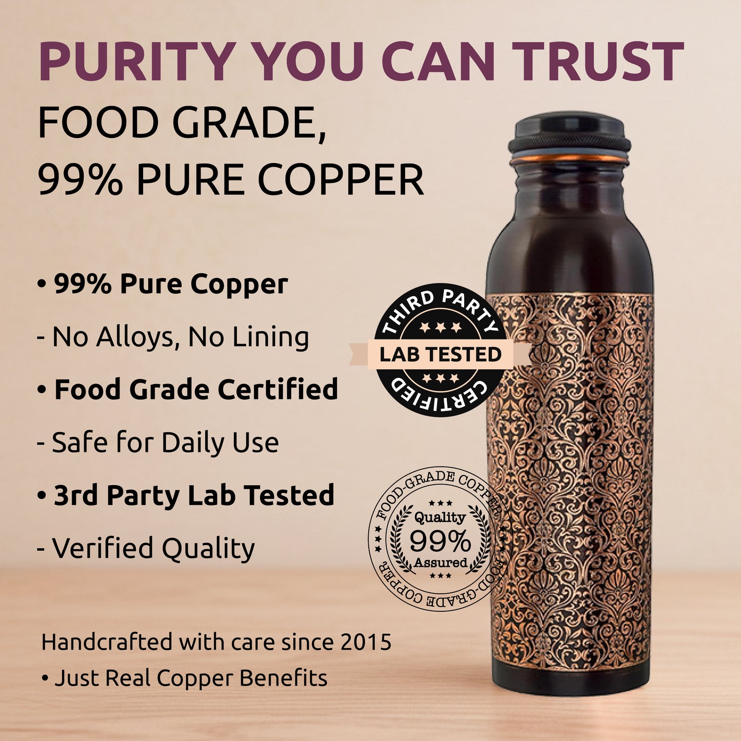 Classic 100% Pure Copper Water Bottle- 34 OZ