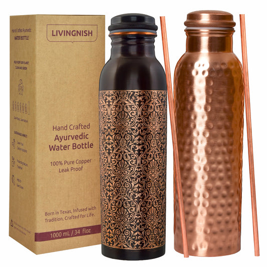 100% Pure Copper Water Bottle 8 Pcs Set (2 Bottle, 2 Straw,2 Extra Silicon Ring and 2 Cloth bags) AQHM
