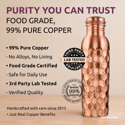 Honeycomb 100% Pure Ayurvedic Copper Water Bottle with Free Straw and Canvas Bag