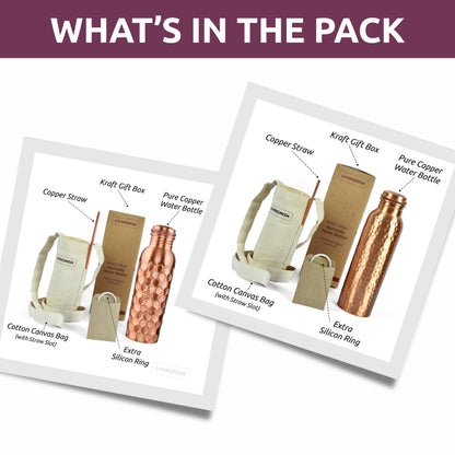 Pure Copper Water Bottle, 8 Pcs Set(2 Bottle, 2 Straw,2 Extra Silicon Ring and 2 Cloth bags)-HNY/HMRD