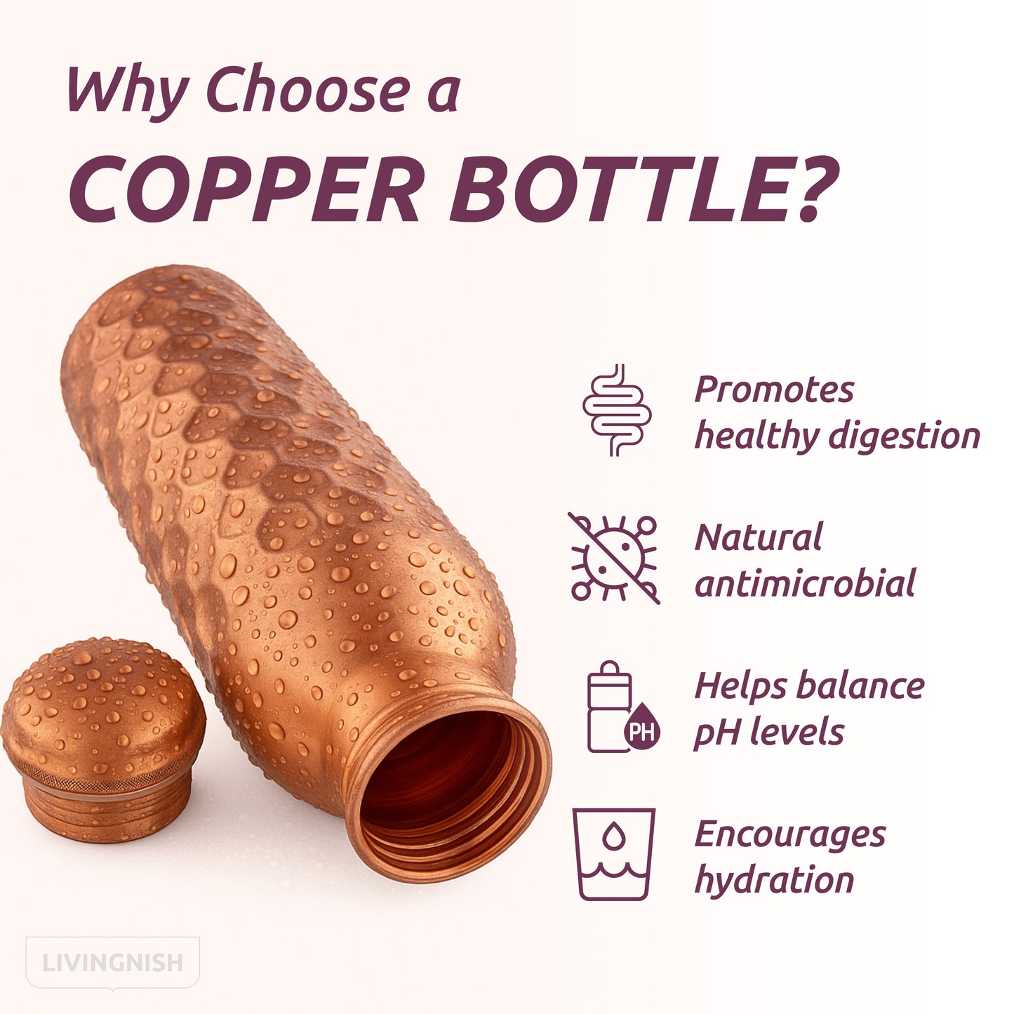 Honeycomb 100% Pure Ayurvedic Copper Water Bottle with Free Straw and Canvas Bag