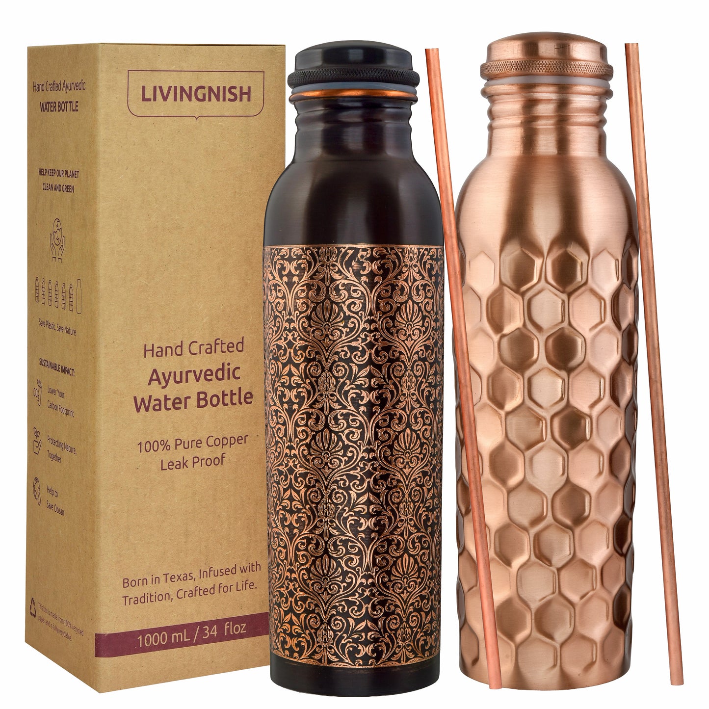 100% Pure Ayurvedic Copper Water Bottle- 8 Pcs Set (2 Bottle, 2 Straw,2 Extra Silicon Ring and 2 Cloth bags) AQHN