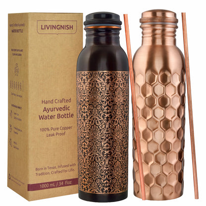 100% Pure Ayurvedic Copper Water Bottle- 8 Pcs Set (2 Bottle, 2 Straw,2 Extra Silicon Ring and 2 Cloth bags) AQHN