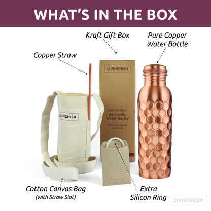 Honeycomb 100% Pure Ayurvedic Copper Water Bottle with Free Straw and Canvas Bag