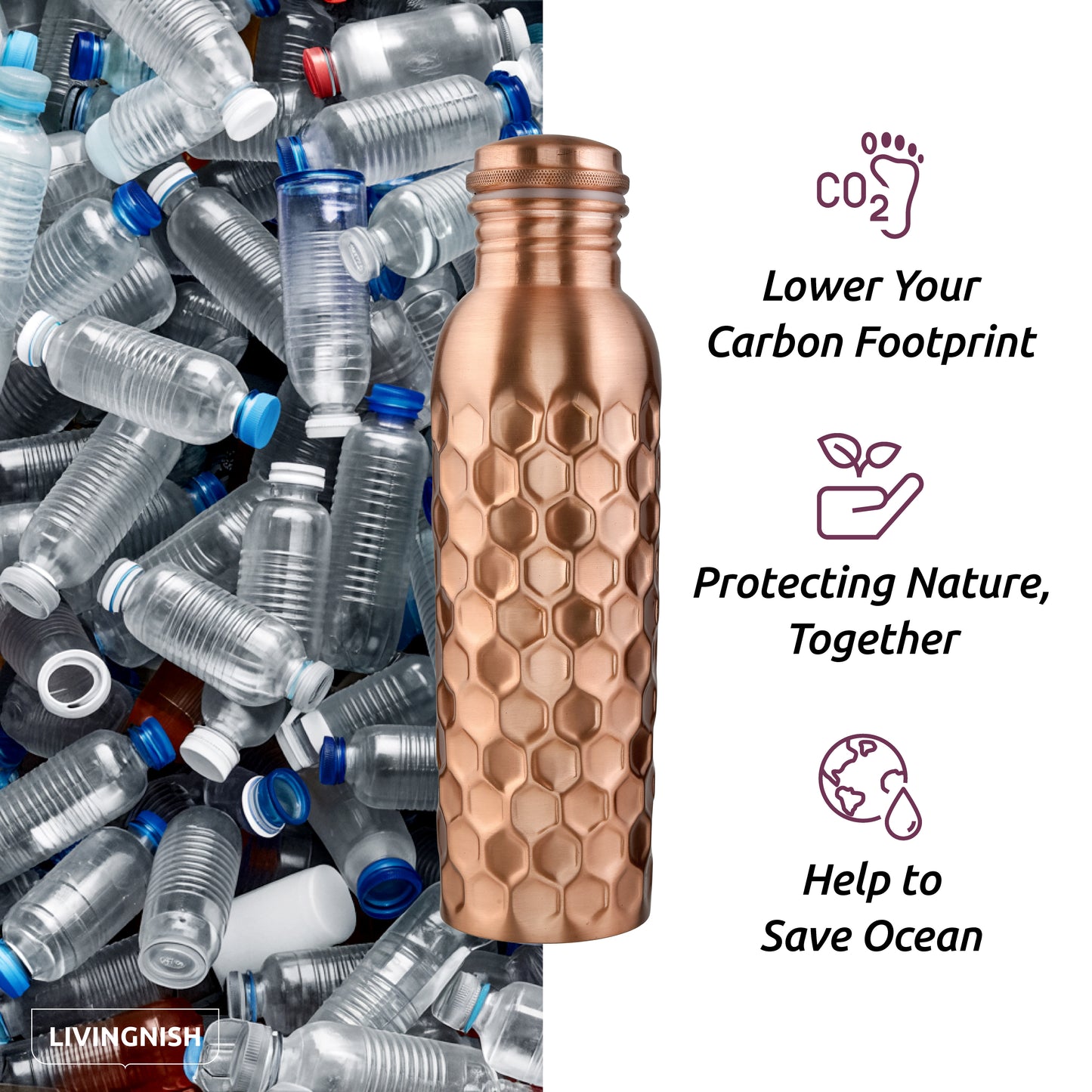 Honeycomb 100% Pure Ayurvedic Copper Water Bottle with Free Straw and Canvas Bag