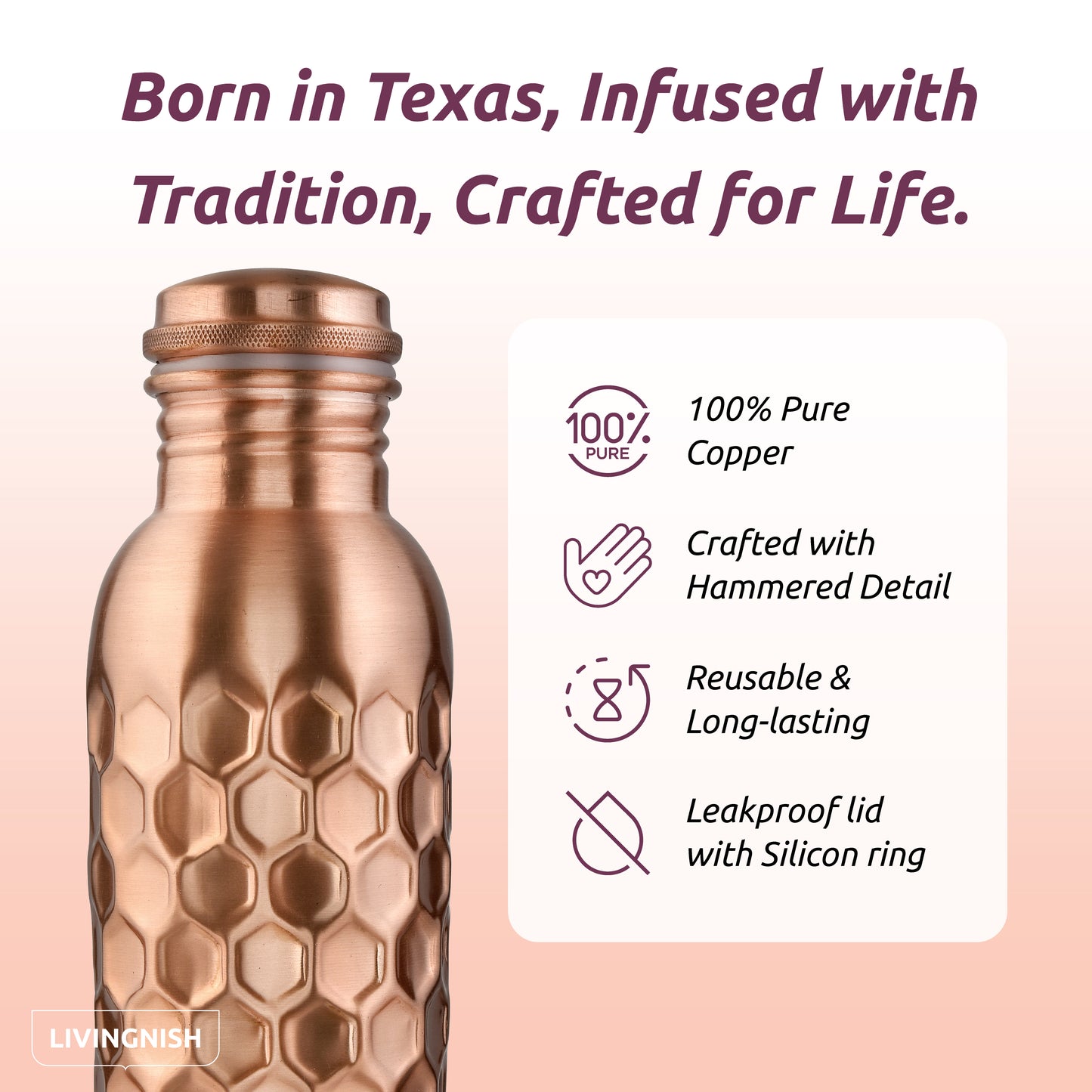 Honeycomb 100% Pure Ayurvedic Copper Water Bottle with Free Straw and Canvas Bag