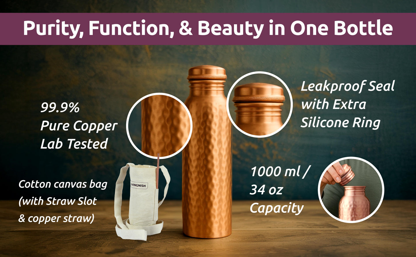 Pure Copper Water Bottle, 8 Pcs Set CLHM(2 Bottle, 2 Straw,2 Extra Silicon Ring and 2 Cloth bags)