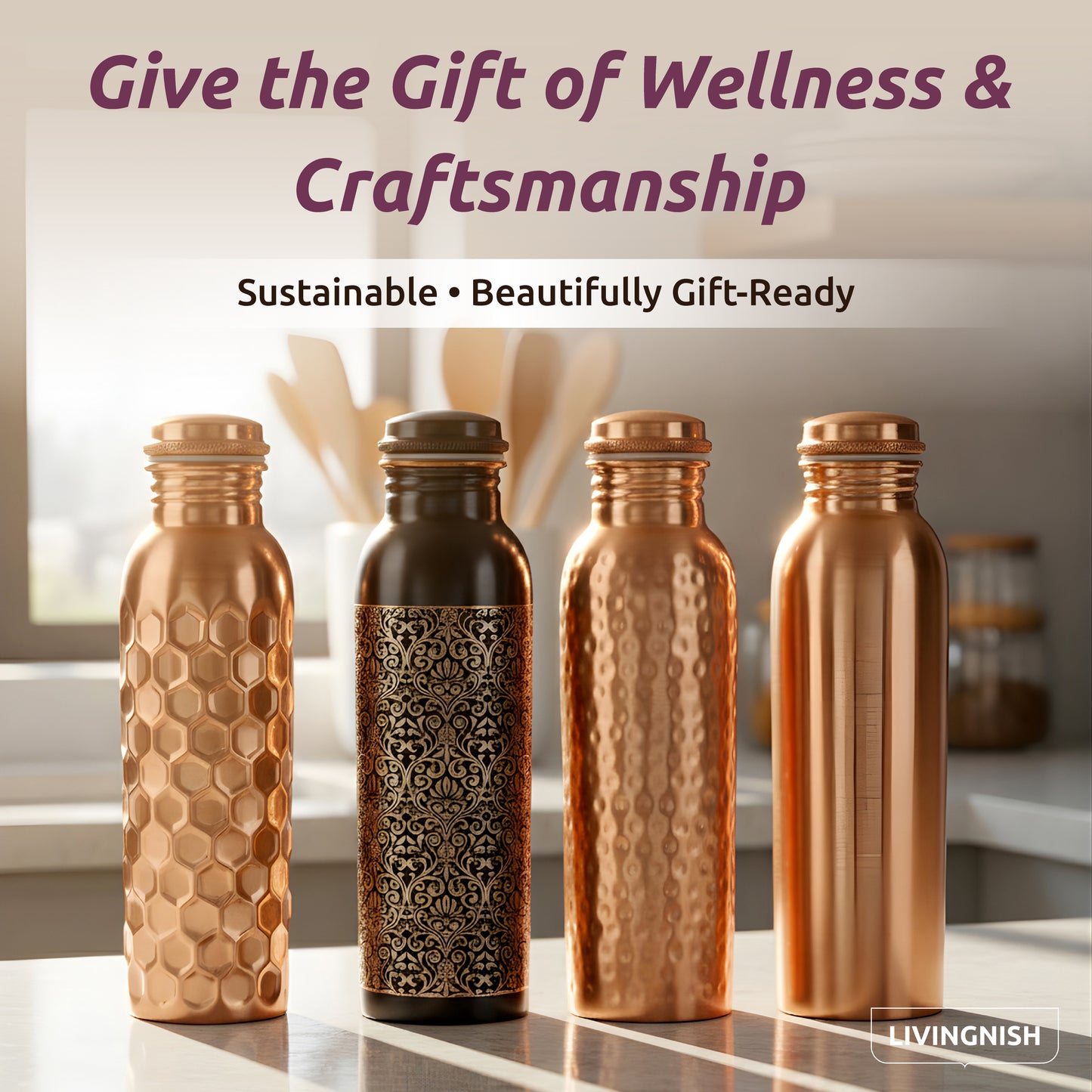 Honeycomb 100% Pure Ayurvedic Copper Water Bottle with Free Straw and Canvas Bag