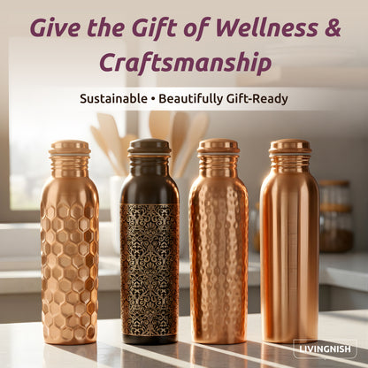 Honeycomb 100% Pure Ayurvedic Copper Water Bottle with Free Straw and Canvas Bag