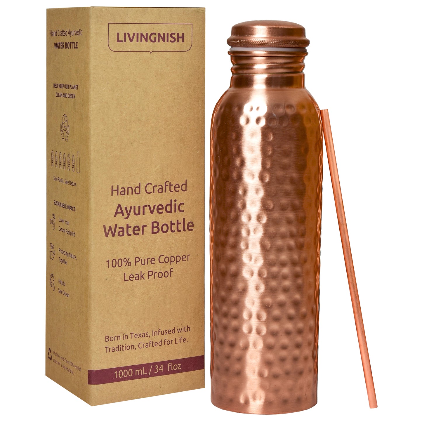 Classic 100% Pure Copper Water Bottle- 34 OZ