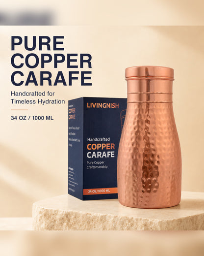Livingnish Pure Copper Carafe with Convertible Lid Cup – 34 oz / 1000 ml, Handcrafted Hammered Finish