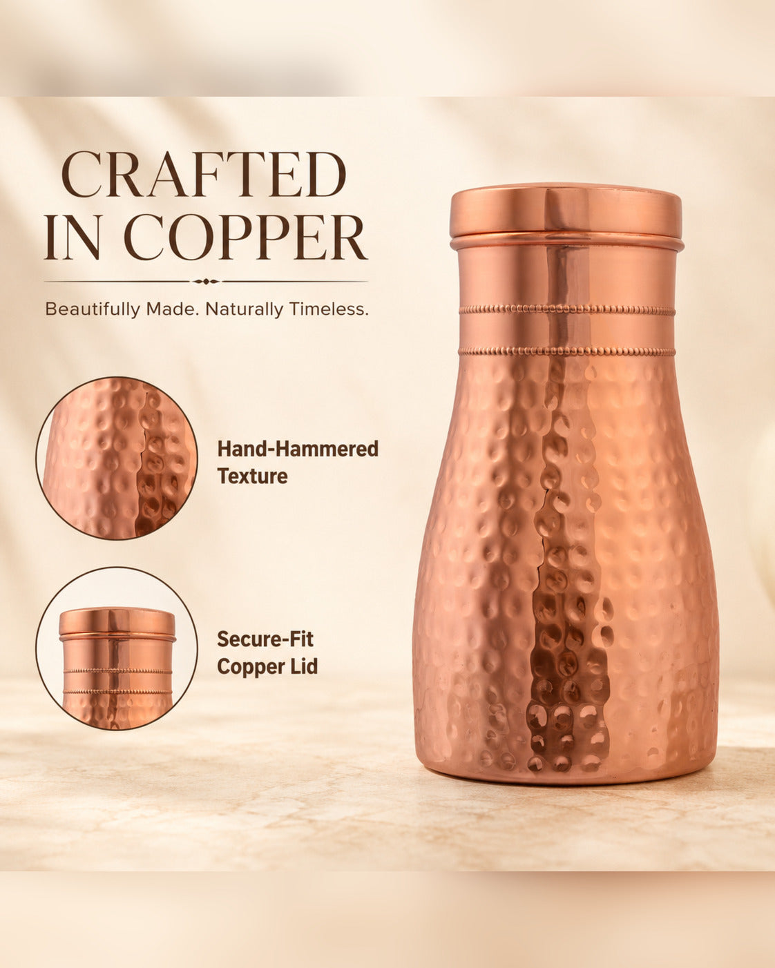 Livingnish Pure Copper Carafe with Convertible Lid Cup – 34 oz / 1000 ml, Handcrafted Hammered Finish