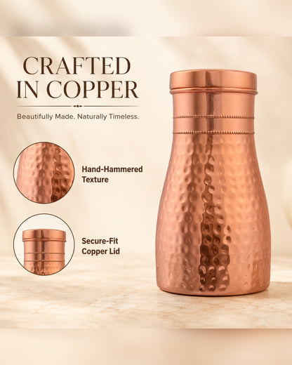 Livingnish Pure Copper Carafe with Convertible Lid Cup – 34 oz / 1000 ml, Handcrafted Hammered Finish