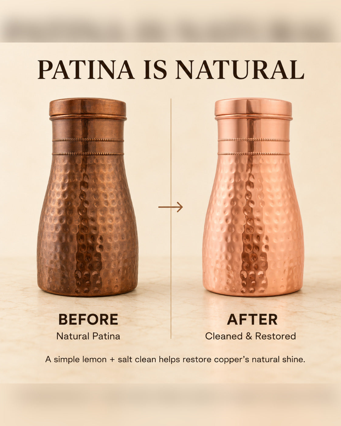 Livingnish Pure Copper Carafe with Convertible Lid Cup – 34 oz / 1000 ml, Handcrafted Hammered Finish
