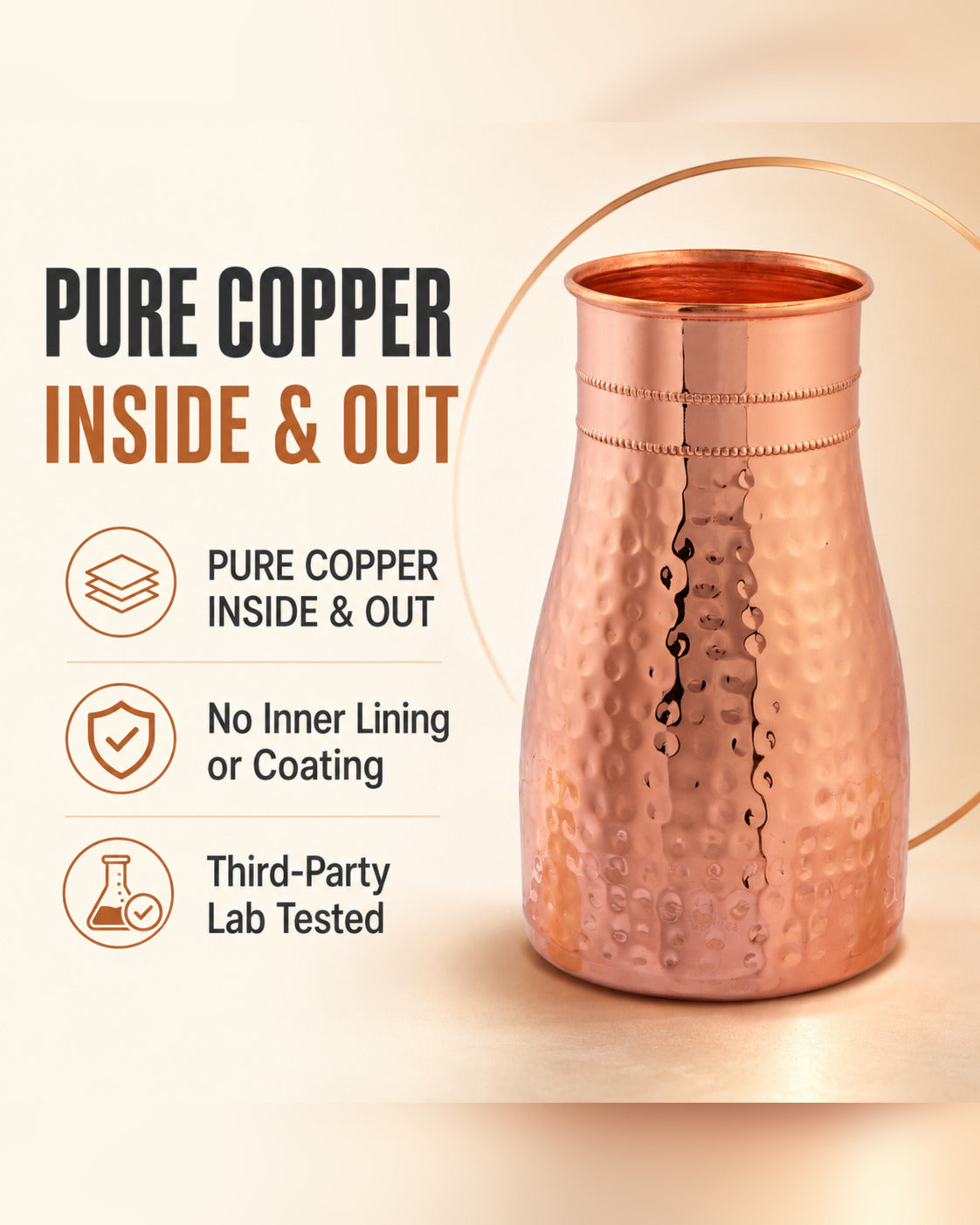 Livingnish Pure Copper Carafe with Convertible Lid Cup – 34 oz / 1000 ml, Handcrafted Hammered Finish