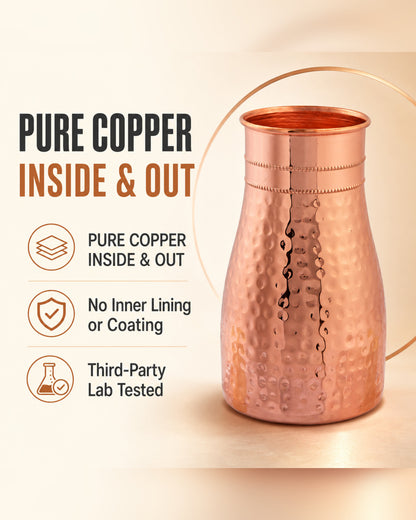 Livingnish Pure Copper Carafe with Convertible Lid Cup – 34 oz / 1000 ml, Handcrafted Hammered Finish