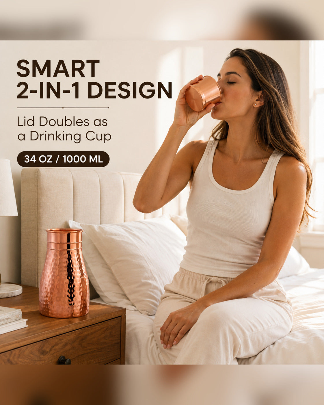 Livingnish Pure Copper Carafe with Convertible Lid Cup – 34 oz / 1000 ml, Handcrafted Hammered Finish