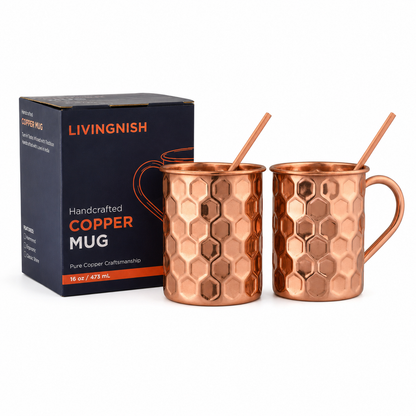 100% Pure Copper Mug 4 pcs Set( 2 Mugs, 2 Straw) |Handcrafted, Heavy Gauge | Moscow Mule Cup