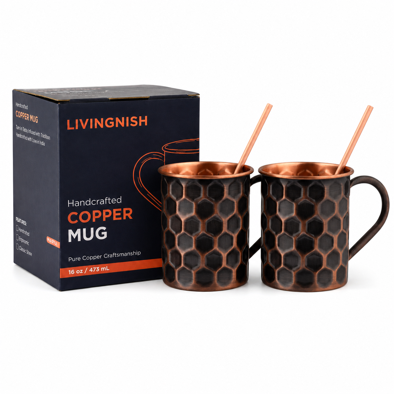 100% Pure Copper Mug 4 pcs Set( 2 Mugs, 2 Straw) |Handcrafted, Heavy Gauge | Moscow Mule Cup