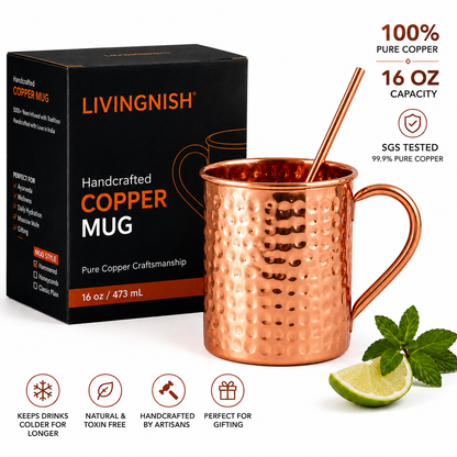100% Pure Copper Mug with Copper Straw – 16 oz | Handcrafted Heavy-Gauge Moscow Mule Cup | Ayurvedic-Inspired Drinkware