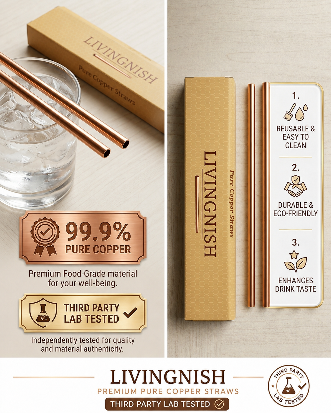 Premium Pure Copper Straws – Set of 5 | 7-Inch Reusable Drinking Straws | Third-Party Lab Tested | Livingnish