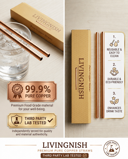 Premium Pure Copper Straws – Set of 5 | 7-Inch Reusable Drinking Straws | Third-Party Lab Tested | Livingnish