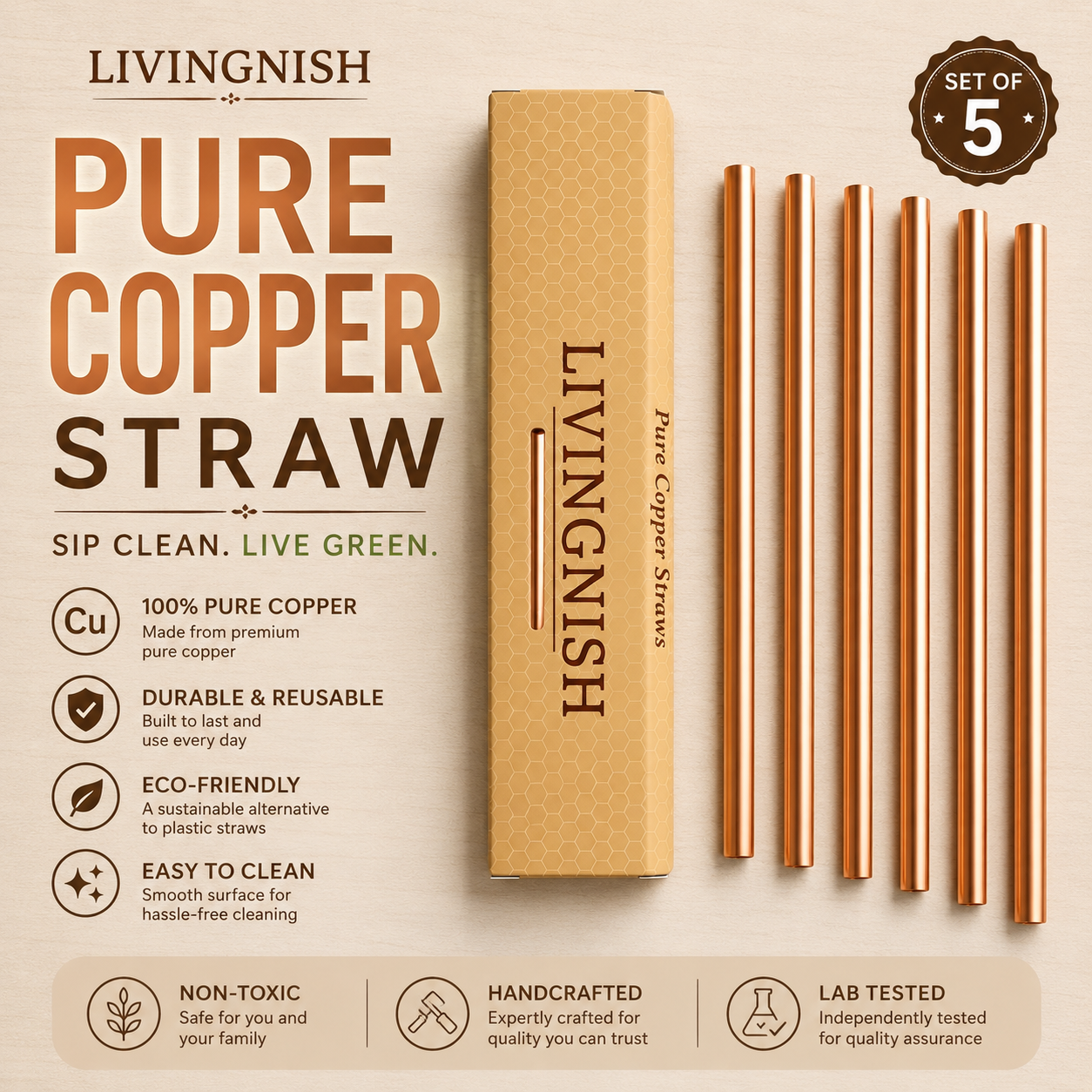 Premium Pure Copper Straws – Set of 5 | 7-Inch Reusable Drinking Straws | Third-Party Lab Tested | Livingnish