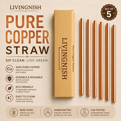 Premium Pure Copper Straws – Set of 5 | 7-Inch Reusable Drinking Straws | Third-Party Lab Tested | Livingnish