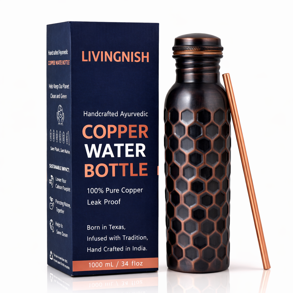 Honeycomb 100% Pure Ayurvedic Copper Water Bottle with Free Straw and Canvas Bag