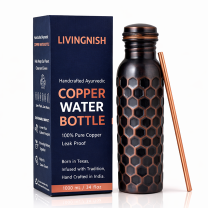 Honeycomb 100% Pure Ayurvedic Copper Water Bottle with Free Straw and Canvas Bag