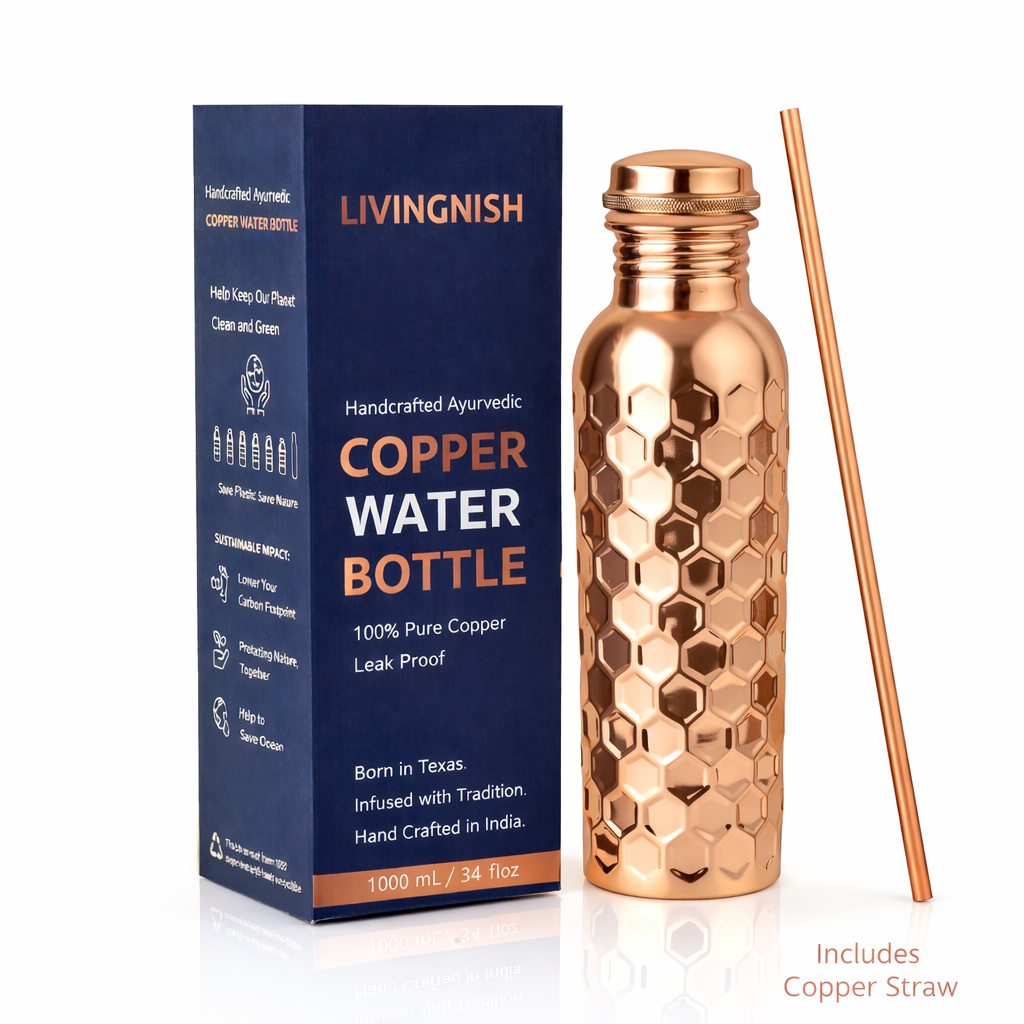 Honeycomb 100% Pure Ayurvedic Copper Water Bottle with Free Straw and Canvas Bag