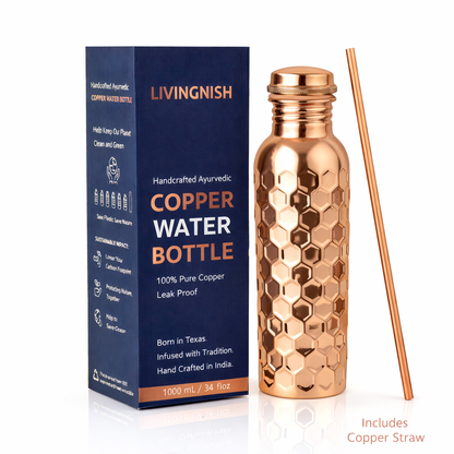 Honeycomb 100% Pure Ayurvedic Copper Water Bottle with Free Straw and Canvas Bag