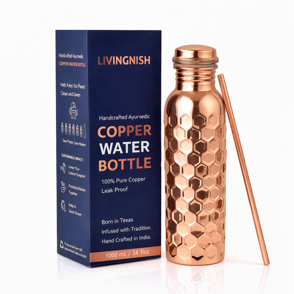 Honeycomb 100% Pure Ayurvedic Copper Water Bottle with Free Straw and Canvas Bag