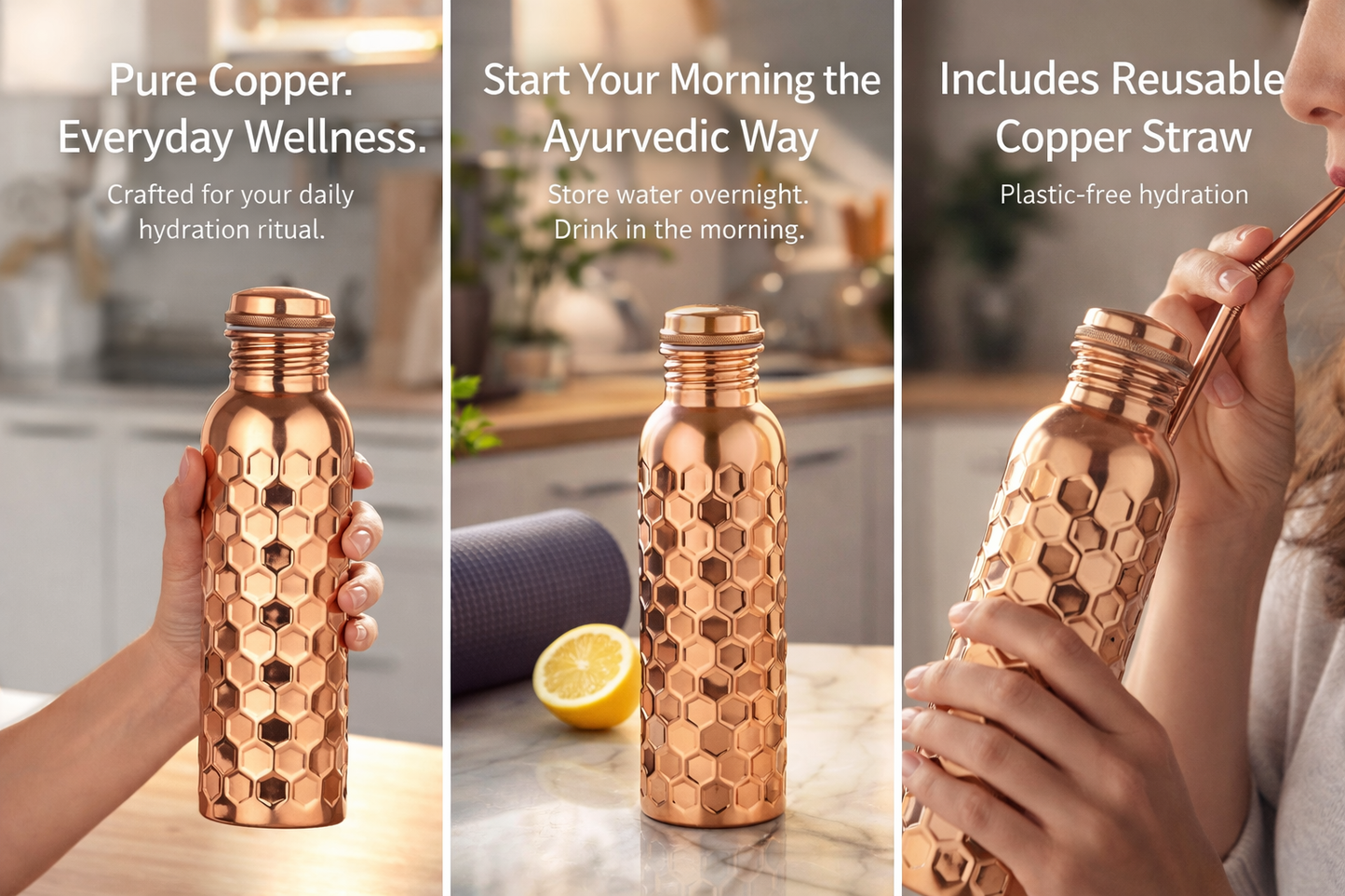 Honeycomb (Shiny) 100% Pure Ayurvedic Copper Water Bottle with Free Straw and Canvas Bag
