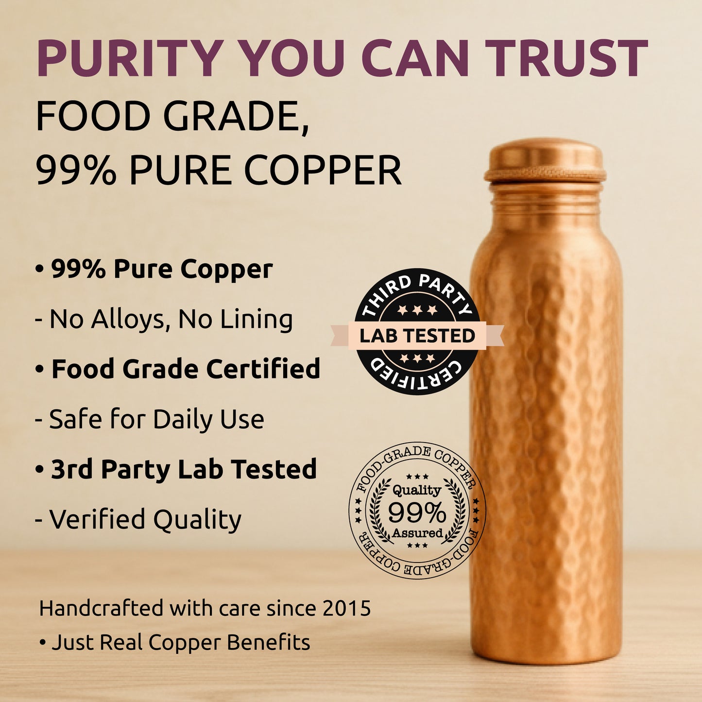 100% Pure Ayurvedic Copper Water Bottle- Hammerred