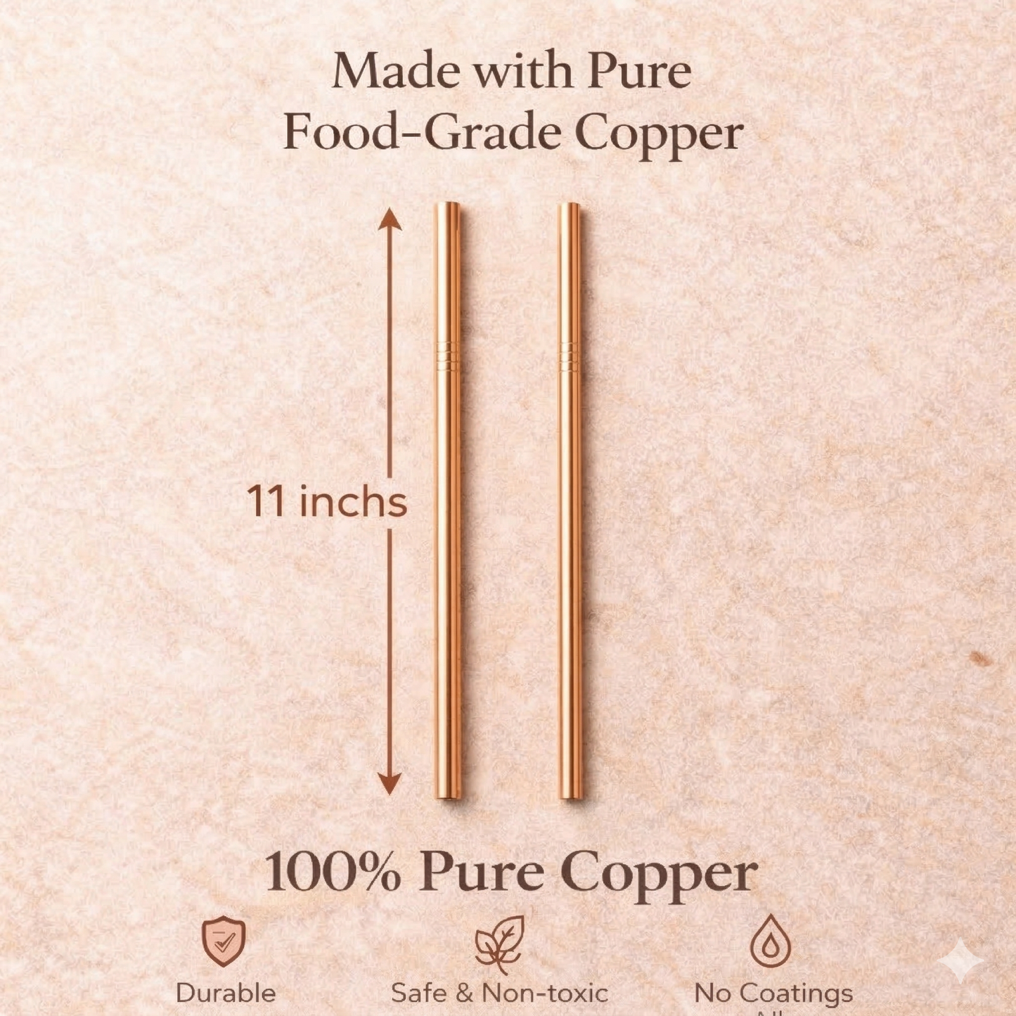 Pure Copper Drinking Straws – 11” Reusable Metal Straw (2 Pcs Set)
