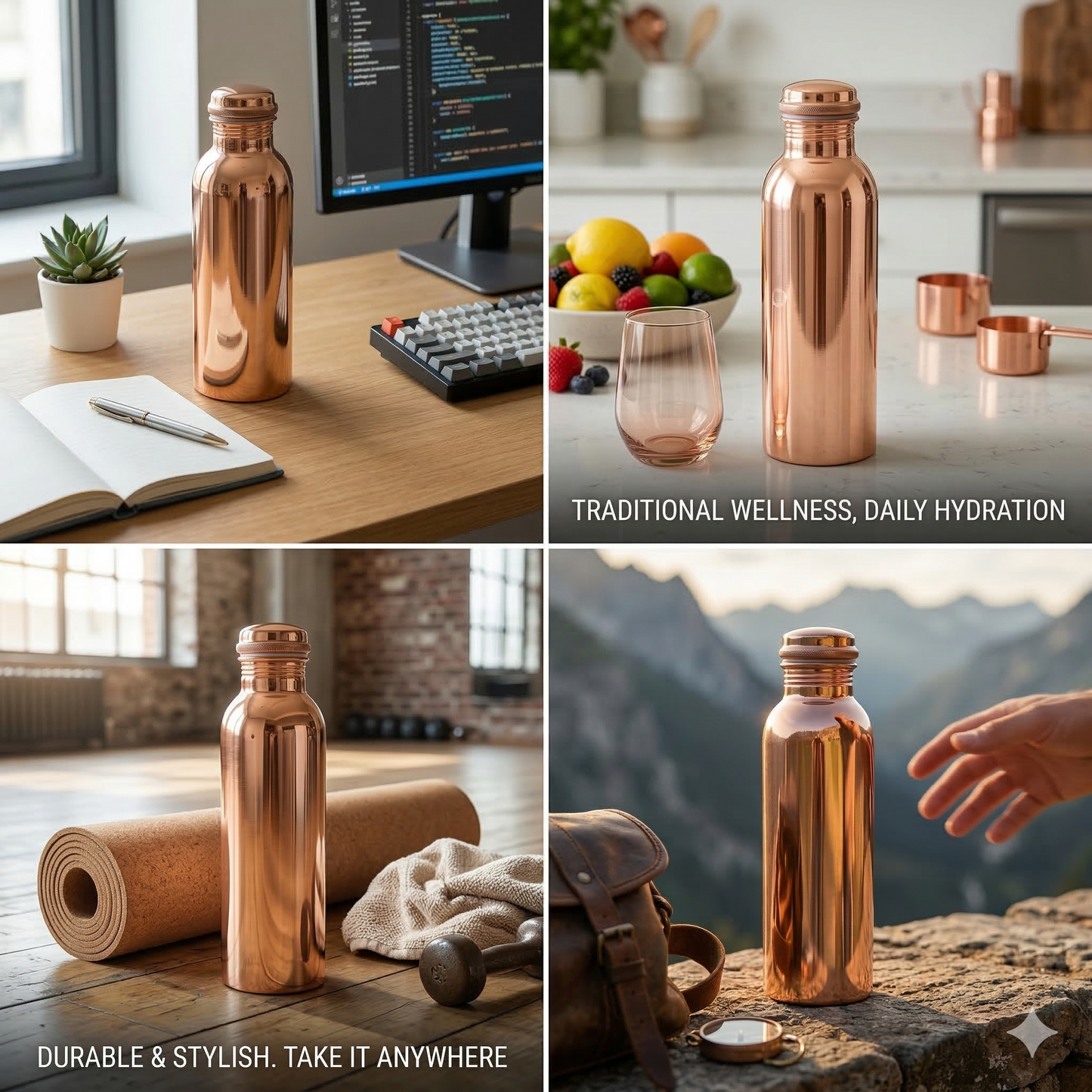 100% Pure Ayurvedic Copper Water Bottle - Classic Glossy Finish