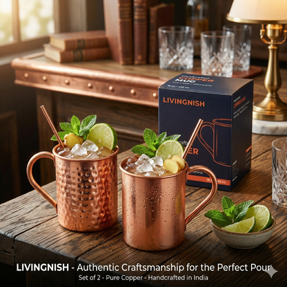 100% Pure Copper Mug 2 pcs Set– 16 oz | Handcrafted, Heavy Gauge| Moscow Mule Cup, Ayurvedic Benefits