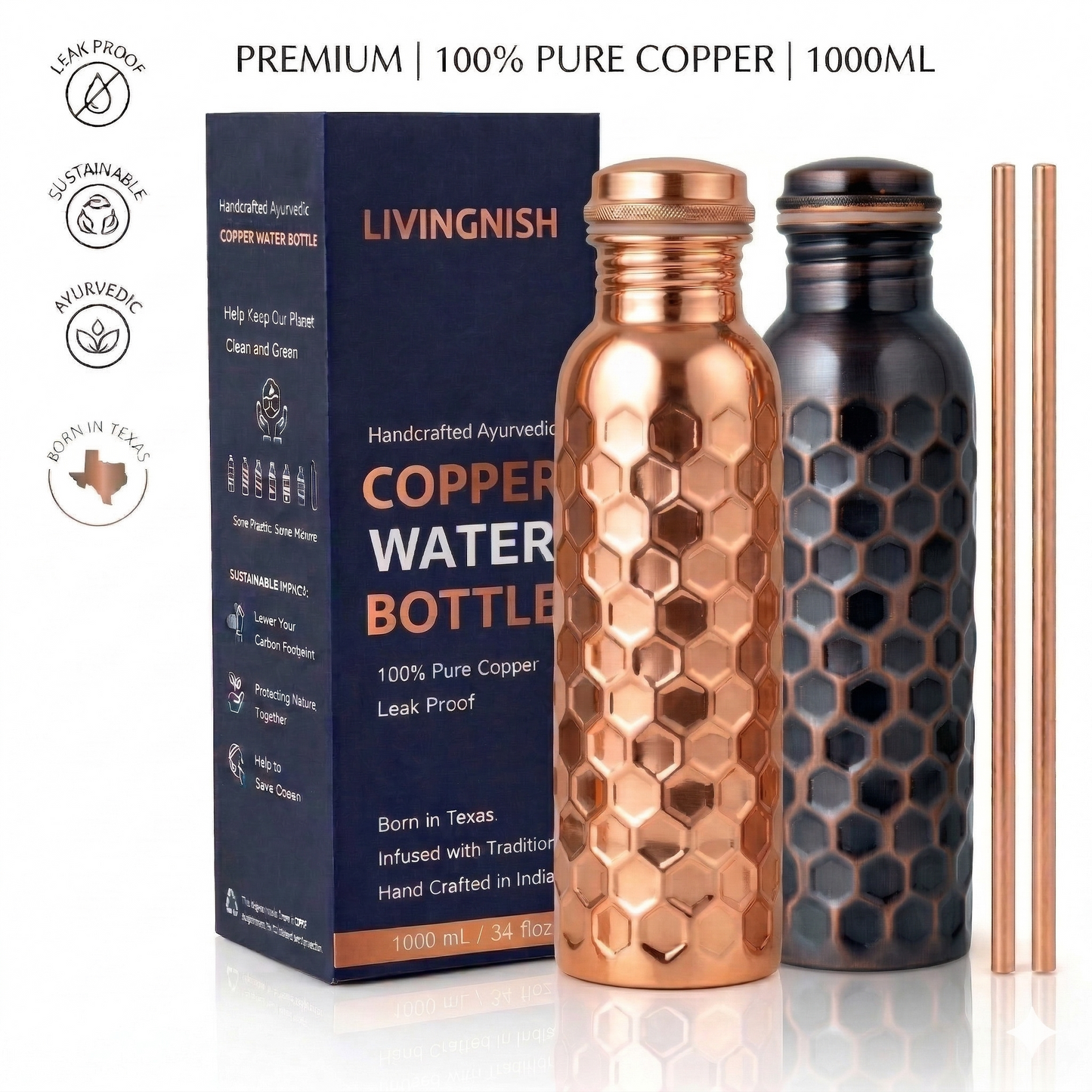 100% Pure Ayurvedic Copper Water Bottle- 8 Pcs Set (2 Bottle, 2 Straw,2 Extra Silicon Ring and 2 Cloth bags) AQHN