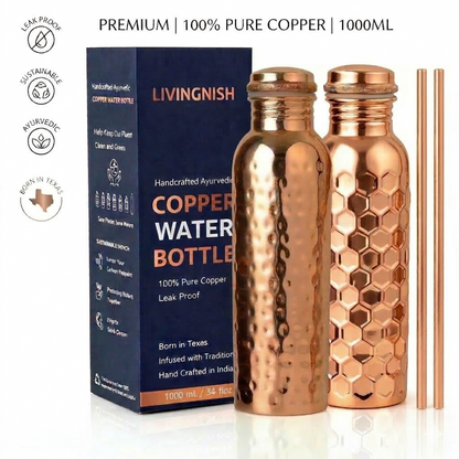 Pure Copper Water Bottle, 8 Pcs Set(2 Bottle, 2 Straw,2 Extra Silicon Ring and 2 Cloth bags)-HNY/HMRD