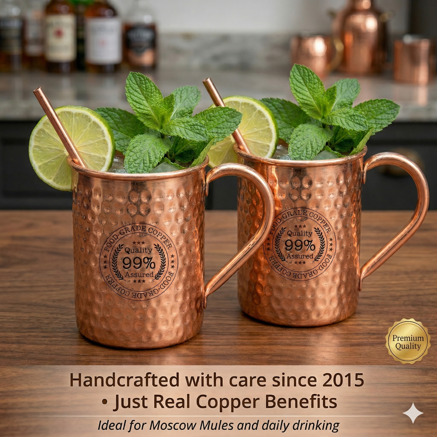 100% Pure Copper Mug 4 pcs Set( 2 Mugs, 2 Straw) |Handcrafted, Heavy Gauge | Moscow Mule Cup