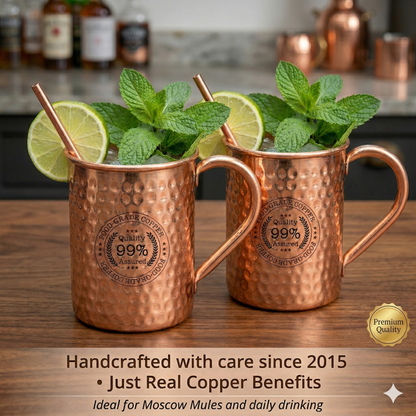 100% Pure Copper Mug 4 pcs Set( 2 Mugs, 2 Straw) |Handcrafted, Heavy Gauge | Moscow Mule Cup