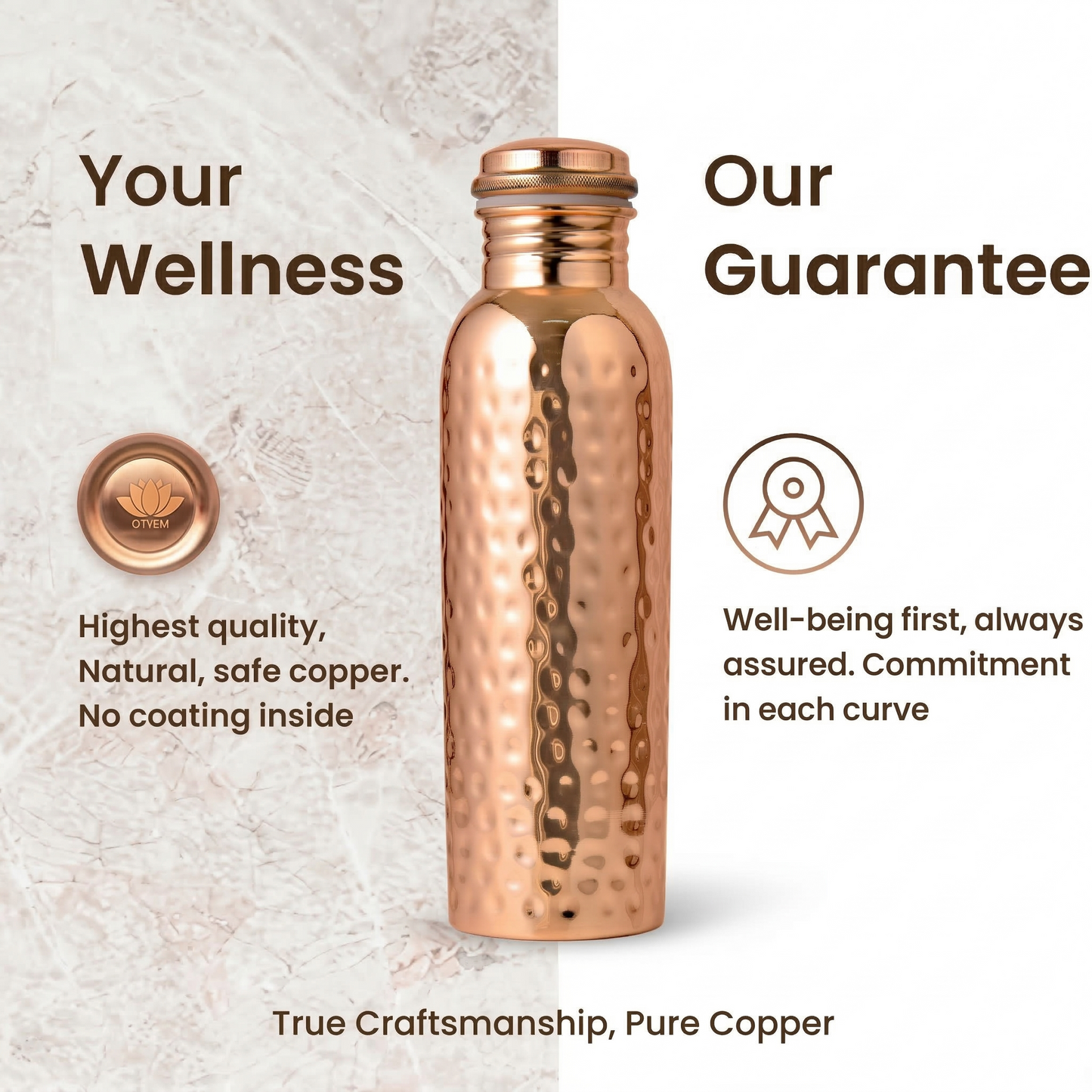 100% Pure Ayurvedic Copper Water Bottle - Hammered Glossy Finish